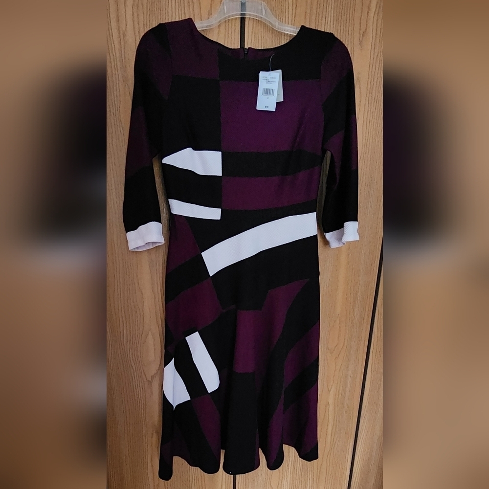Danny & Nicole Fit & Flare 3/4 Sleeve Purple, Black & White Back Zip Dress Sz 12